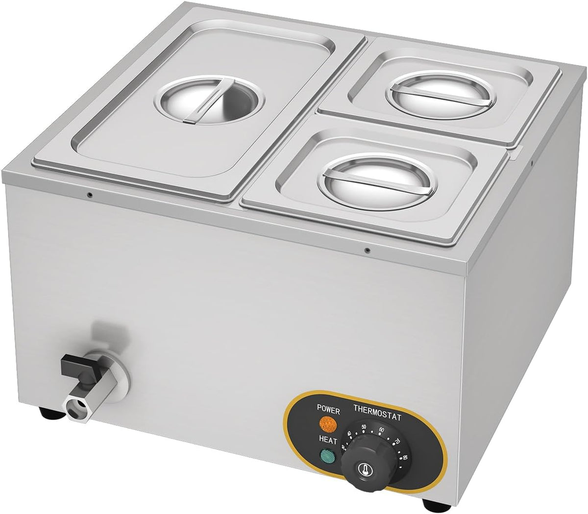 Elektrisch waterbad van roestvrij staal, voedselwarmer buffet, 1 x 1/3 GN container + 2 x 1/6, met deksel, instelbare temperatuur 30 °C - 85 °C