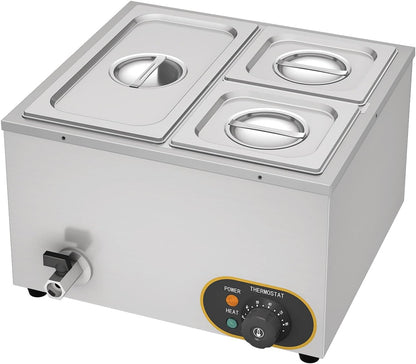 Elektrisch waterbad van roestvrij staal, voedselwarmer buffet, 1 x 1/3 GN container + 2 x 1/6, met deksel, instelbare temperatuur 30 °C - 85 °C
