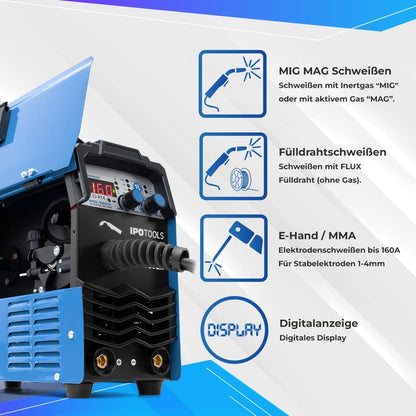 IPOTOOLS MIG-160ER MIG Lasapparaat, MIG MAG Lasapparaat, 160 ampère, voor FLUX/vuldraad en Elektroden, MMA, digitaal display, IGBT-technologie, 230 V