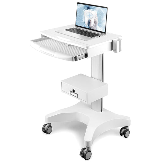 Kalolary Medische gereedschapswagen, mobiele laptop-werkplek met laptopplank, scannerhouder en afsluitbare lade, rolwagen voor ziekenhuis, tandartspraktijk en laboratorium
