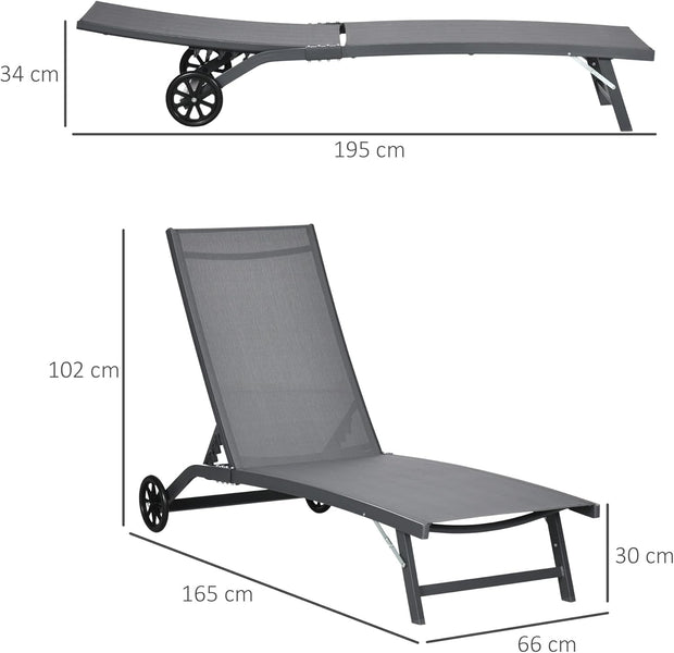 Ligstoel - Tuinligstoel - Set van 2 - Ligbed - met Wielen - Verstelbaar Rugleuning - Weerbestendig - voor Tuin - Zwembad - Strand - Aluminium - Textiel - 66 x 165 x 102 cm - Donkergrijs