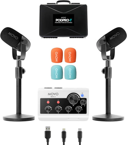 Movo Draagbare podcast-apparatuurbundel voor iPhone/Android-telefoons - Podcastkit met audio-interface, 2 CastMic dynamische microfoons, 2 tafelstandaarden - voor smartphones, computers, pc, Mac
