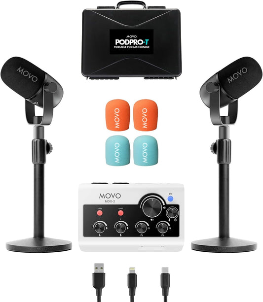 Movo Draagbare podcast-apparatuurbundel voor iPhone/Android-telefoons - Podcastkit met audio-interface, 2 CastMic dynamische microfoons, 2 tafelstandaarden - voor smartphones, computers, pc, Mac