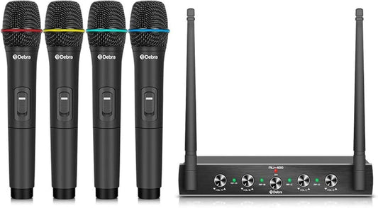 Debra Audio Pro UHF Draadloos 4-Kanaals Microfoonset met Handheld Mics, Metalen Ontvanger voor Karaoke en Kerk (B-frequentie)