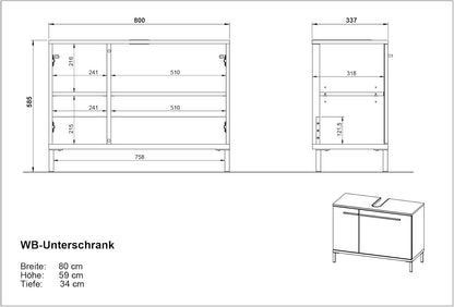 Germania WB Base Cabinet 2670-549 GW-Yonkers, in Graphite/Navarre Oak-Nb., with siphon recess, 80 x 59 x 34 cm (W x H x D) - QUORE