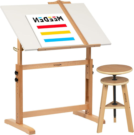 Tekentafel – Tekenbord – Hobbytafel – Schrijftafel – Tekentafel Set – Verstelbaar Hoogte En Kantelbaar Werkblad – Massief Beukenhout Met Potloodrand En Meetlat