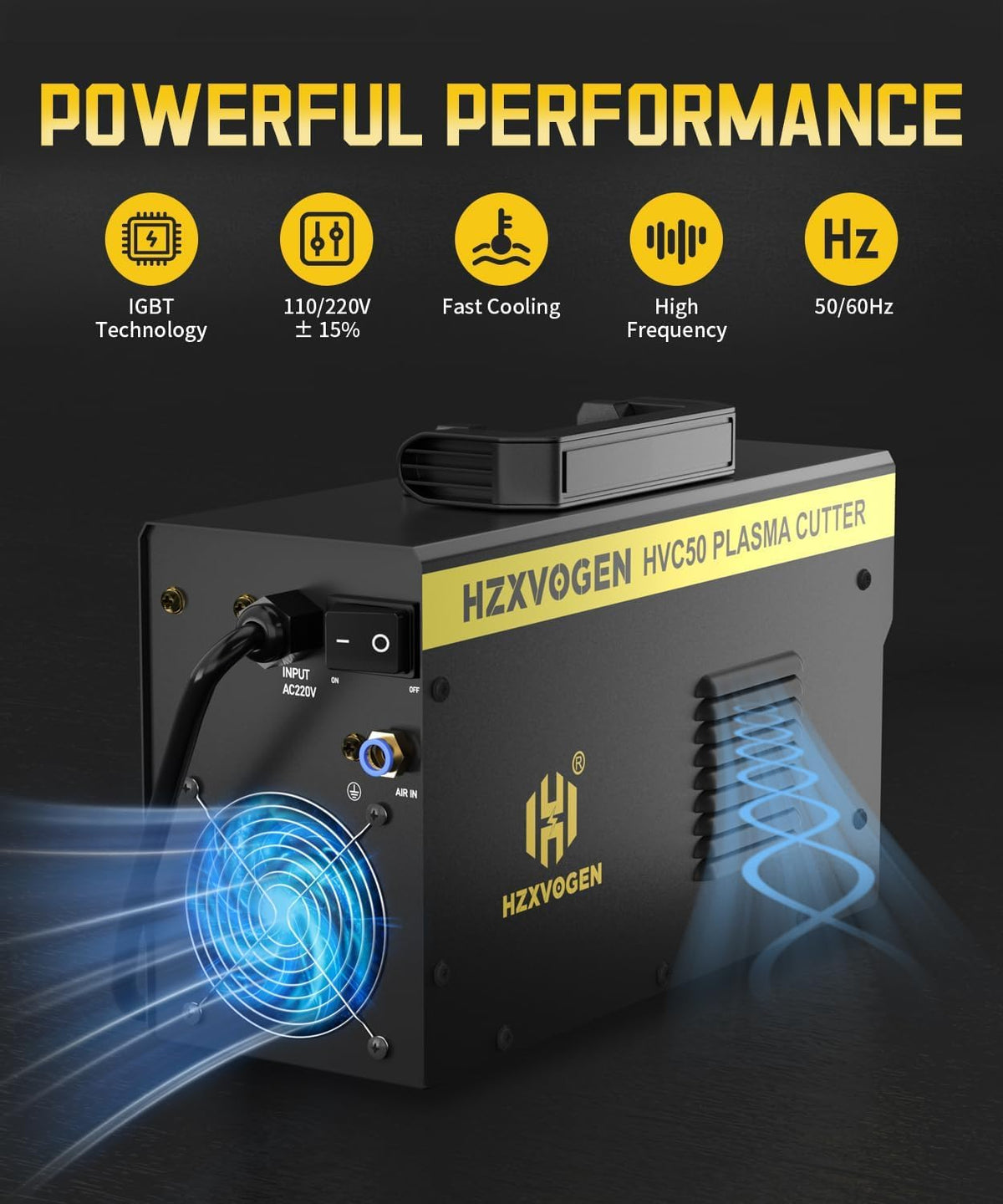 H HZXVOGEN Plasmasnijder, 50A Draagbare HF-luchtplasmasnijder met digitaal display en nabewerking, 230V DC IGBT-inverter, 1/3 inch schone snede voor beginners doe-het-zelf (HVC50)
