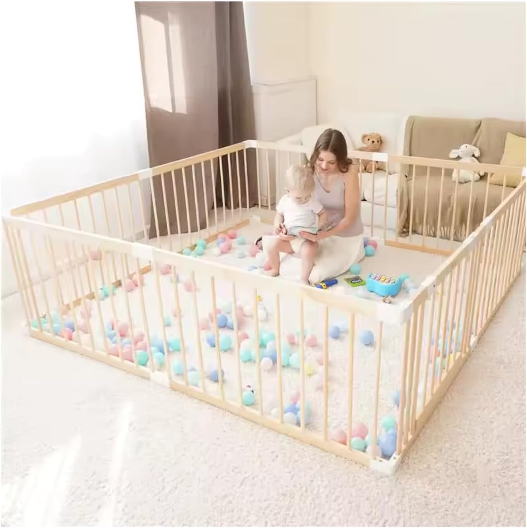 Kaëru Wooden Playpen for Babies – Baby Park – Crawling Box – Safe and spacious play area – 180x180x61cm – With white connectors – Perfect for crawling and playing - QUORE