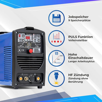 IPOTOOLS 160PD WIG lasapparaat, TIG WIG-lasapparaat, 160 amper, volledig digitale omvormer lasapparaat met HF-ontsteking, pulsfunctie, MMA, IGBT, 32-bits microprocessor, 7 jaar garantie