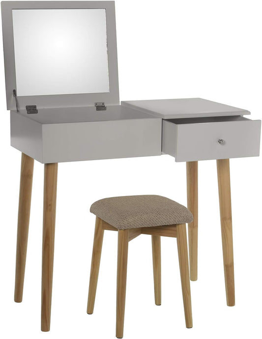 DRW Make-uptafel met 1 lade en spiegel en bank van hout, 80 x 40 x 74 cm, bank 36,5 x 29 x 46 cm (modern wit)