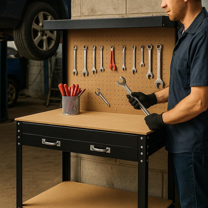Werkbank 1150x550x1400 mm met gatenwand en ophanghaken, groot MDF-werkblad en stalen frame