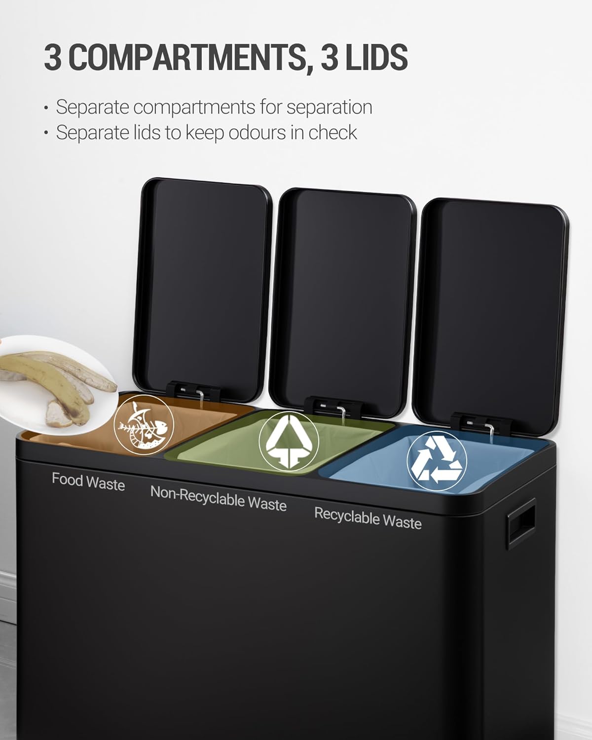 Hzuaneri Garbage Separation System for Kitchen, 3 Compartments, 45L (3 x 15 L), Stainless Steel Kitchen Waste Bin, Pedal Bin with Colour-Codable Pedals, Waste Bin, Quiet Slow Descent, Black