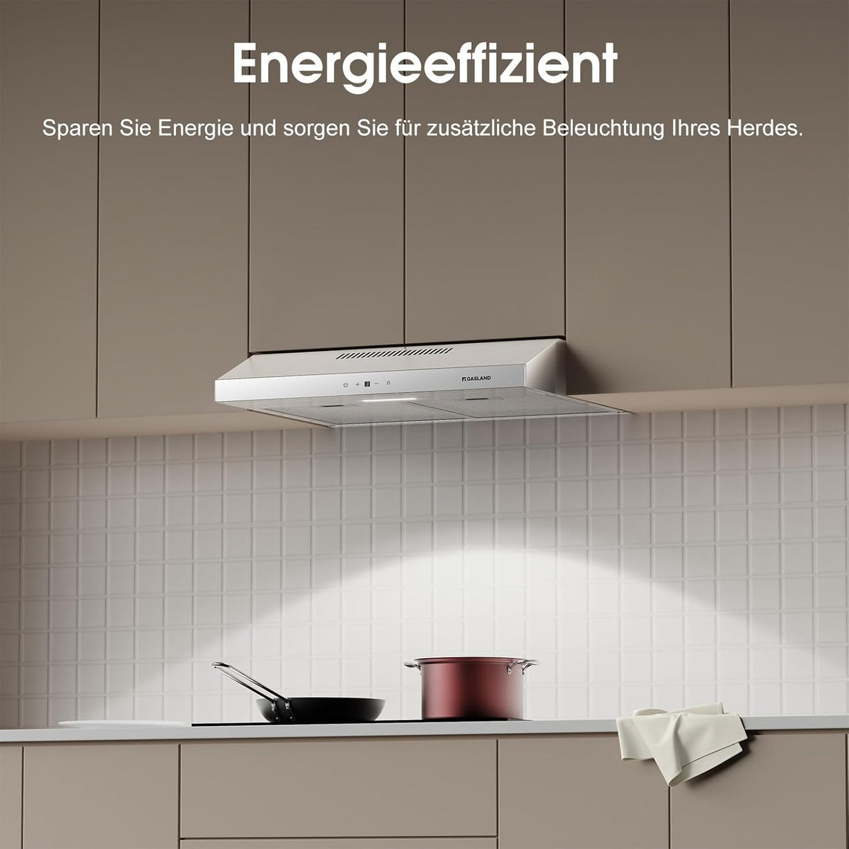 GASLAND SR60WS Afzuigkappen, 60 cm, circulatiemodus, stille afzuiging 214 m³/h, 3 standen touch-bediening, hangende kappen met koolstoffilter CF158, wit metaal met glazen kap