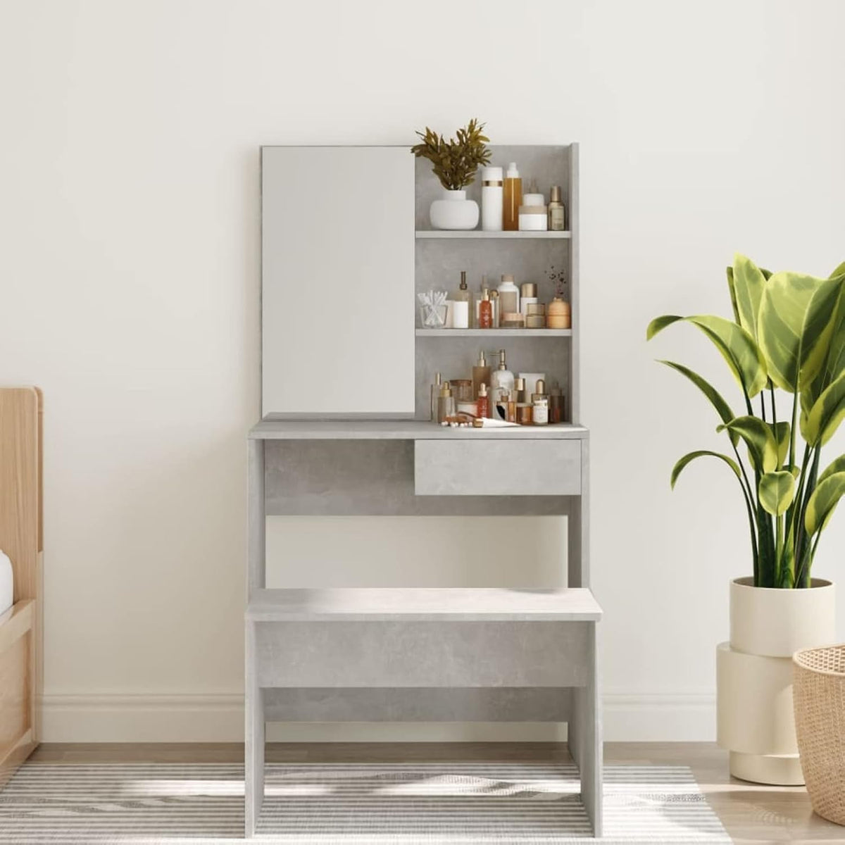Make-uptafel met spiegel – Kaptafel – Schoonheidstafel – Make-up bureau – Dressing tafel – Stevig multiplex – Ruime opbergruimte – Beton grijs – 74,5x40x141 cm