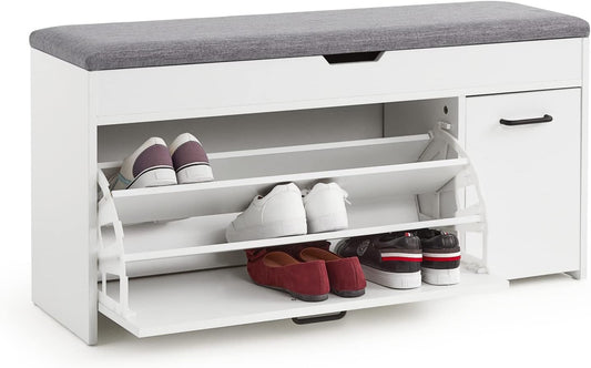 Meerveil Shoe Bench with Seat, Shoe Bench with Storage Space and Folding Drawer, Wooden Industrial Style for Hallway, 100 x 52 x 30 cm (W x H x D), White - QUORE