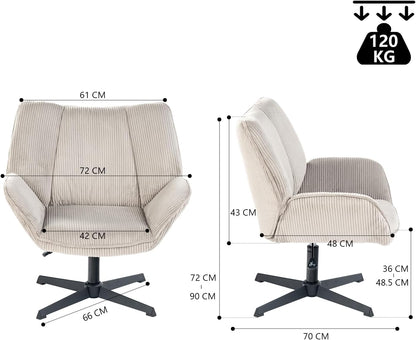 MEUBLE COSY Gevoerde draaistoel voor woonkamer, slaapkamer, kantoor, relaxstoel met dikke zitting, rugleuning en armleuningen van geribbeld fluweel, taupe