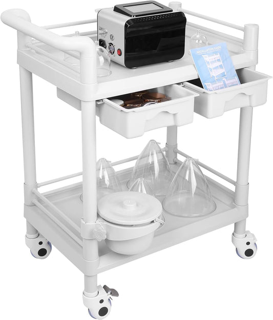 Schoonheidskar Met Wielen – Salonwagen – Werkwagen – Beauty Trolley – Kapperswagen – Voor Vacuümtherapiemachine – 2 Niveaus, 2 Grote Laden En Verwijderbare Emmer – ABS, 150 Kg Draagvermogen