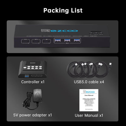 4K @120Hz HDMI DP KVM Switch Dual Monitor USB 3.0 2 monitoren 2 computers EDID emulatoren voor 2 pc's delen 2 schermen en 4 USB 3.0-poorten SPDIF kopieer uitbreidingsmodus, 2 USB-kabels en controller.