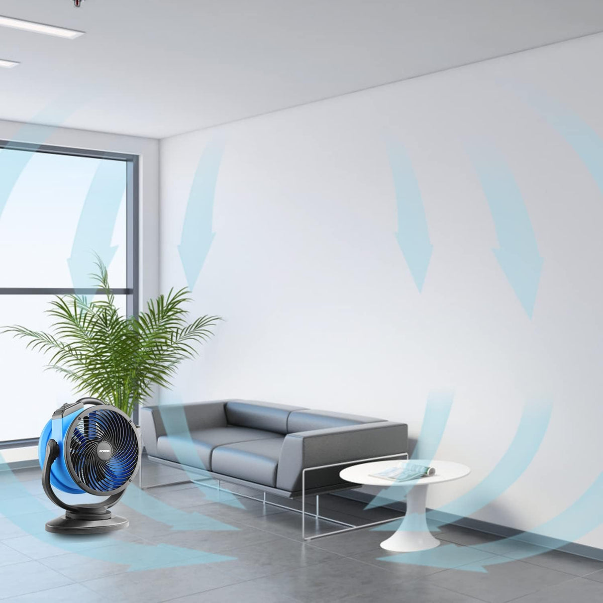 XPower Krachtige industriële hogesnelheidsluchtbeweger voor de hele ruimte, luchtcirculator, multifunctionele vloerventilator met variabele snelheid (blauw, FC-300S 1600CFM)