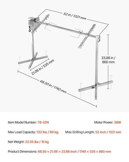 VEVOR Braadgrill, draagvermogen van 60 kg, elektrische draaispiesset met 8 niveaus, automatische motor 38 W, roestvrijstalen vork 1321 mm, voor lam, biggen, feest