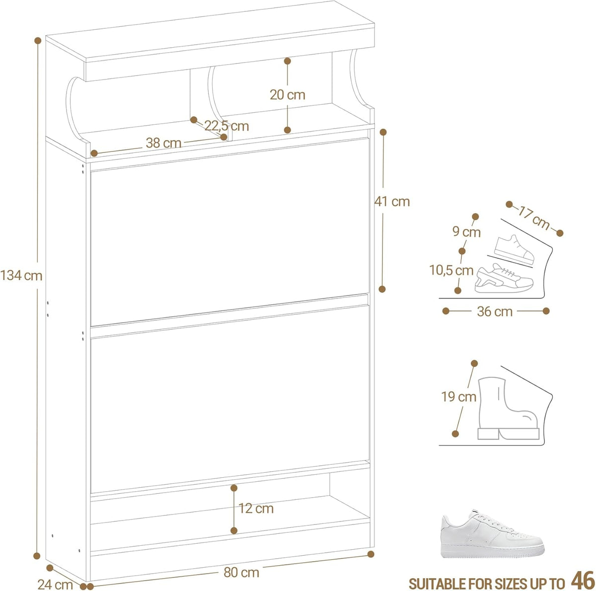 Hzuaneri Shoe Cabinet, Shoe Storage, Wooden Shoe Rack, Open Compartment, Divider Adjustable, 16-20 Pairs, Large Capacity for Hallway, Wardrobe, 2 Flaps (80B cm), White SR63203X