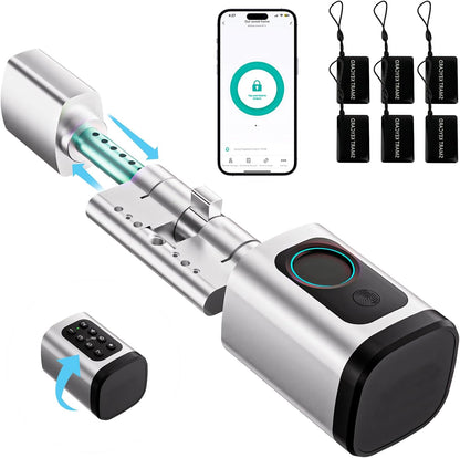 Deurslot, vingerafdrukslot, verstelbare lengte, elektronisch deurslot, smart lock met RFID-kaart, app, wifi, bluetooth-ontgrendeling, verlengaccessoires, 60-90 mm, zilver