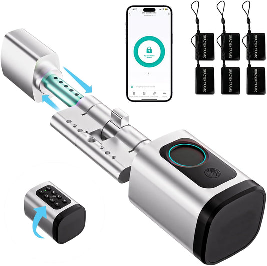 Deurslot, vingerafdrukslot, verstelbare lengte, elektronisch deurslot, smart lock met RFID-kaart, app, wifi, bluetooth-ontgrendeling, verlengaccessoires, 60-90 mm, zilver