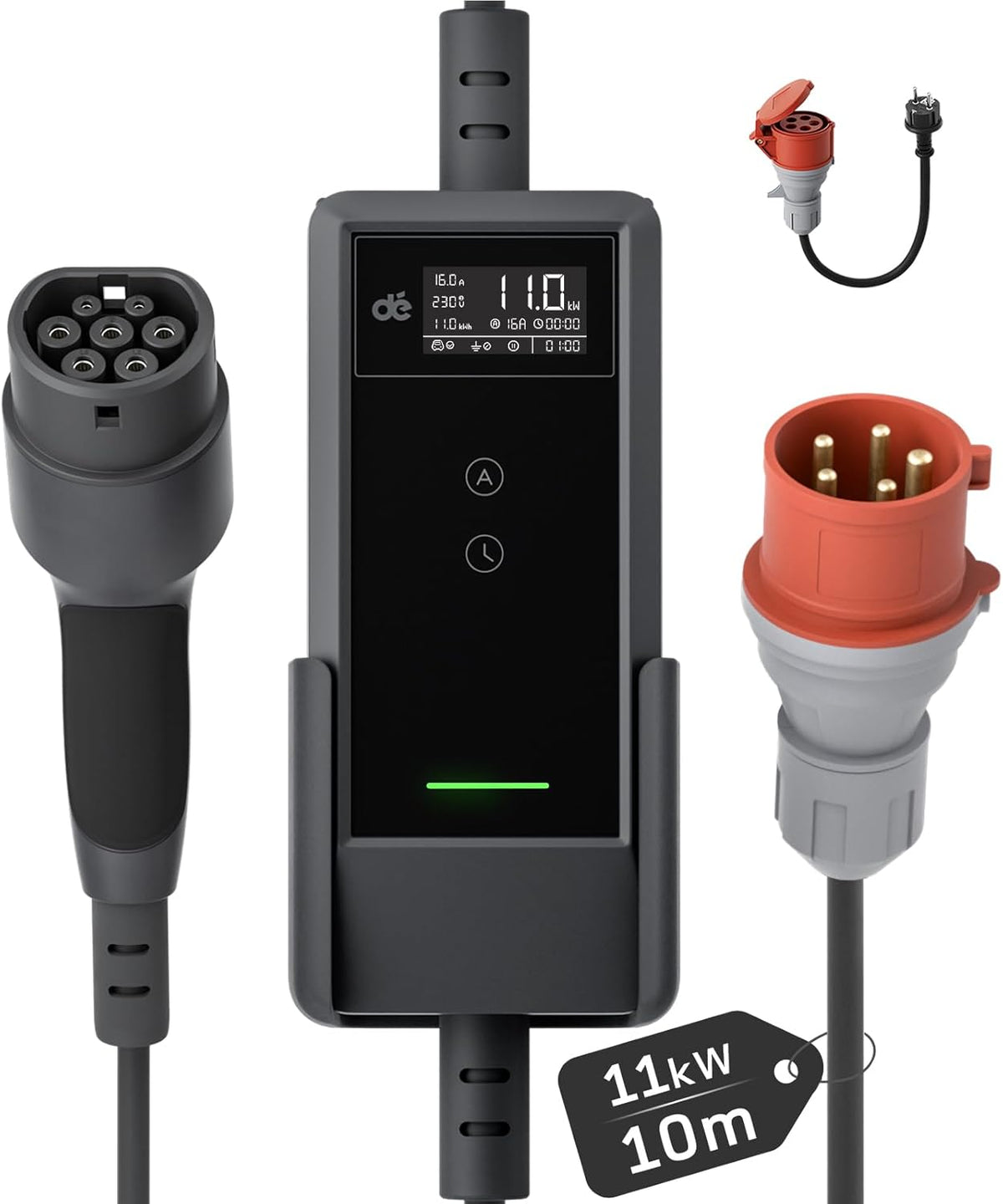 dé EV Oplader CEE 11kW [10m, 3-Fase, 6-16A] Wallbox 11kW met Type 2 Laadkabel en Digitaal LCD Bediening voor ID.3/4/5, Model 3/Y, EX30, IX1, Q3/4/5 en Andere EV & PHEV