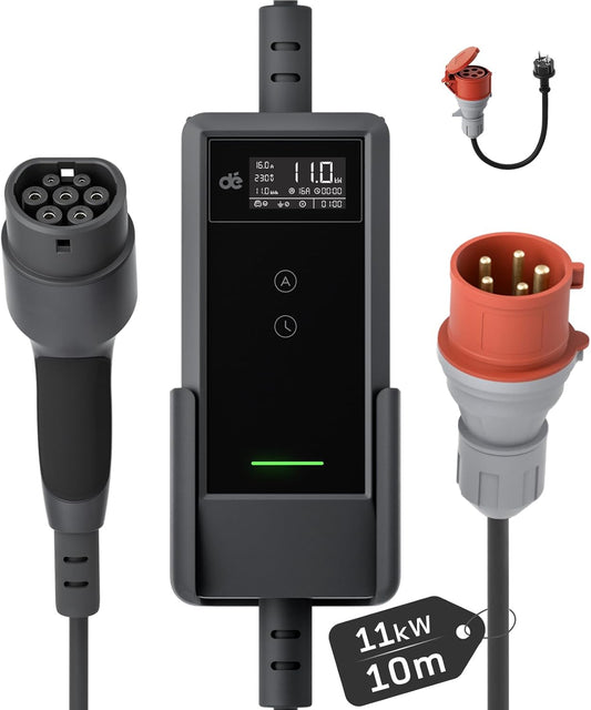 dé EV Oplader CEE 11kW [10m, 3-Fase, 6-16A] Wallbox 11kW met Type 2 Laadkabel en Digitaal LCD Bediening voor ID.3/4/5, Model 3/Y, EX30, IX1, Q3/4/5 en Andere EV & PHEV