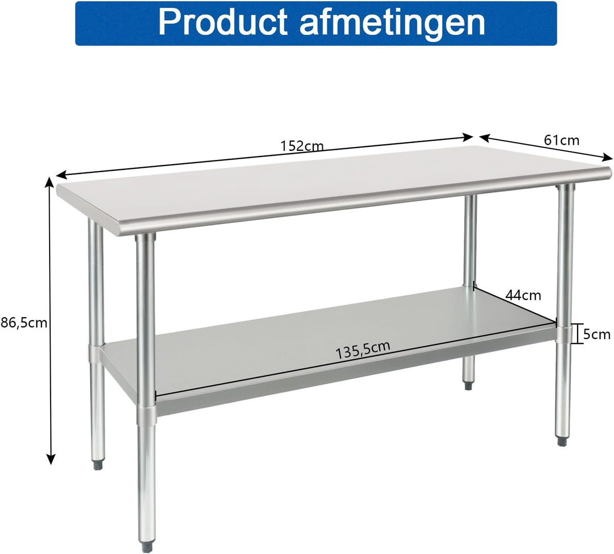 HARDURA Roestvrij Staal Tafel 61×152 cm met Onderkast en Gegalvaniseerde Benen Zware Duty Commercieel Voedselbereidingstafels voor Restaurant Keuken Thuis en Hotel