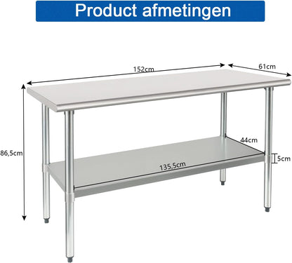 HARDURA Roestvrij Staal Tafel 61×152 cm met Onderkast en Gegalvaniseerde Benen Zware Duty Commercieel Voedselbereidingstafels voor Restaurant Keuken Thuis en Hotel