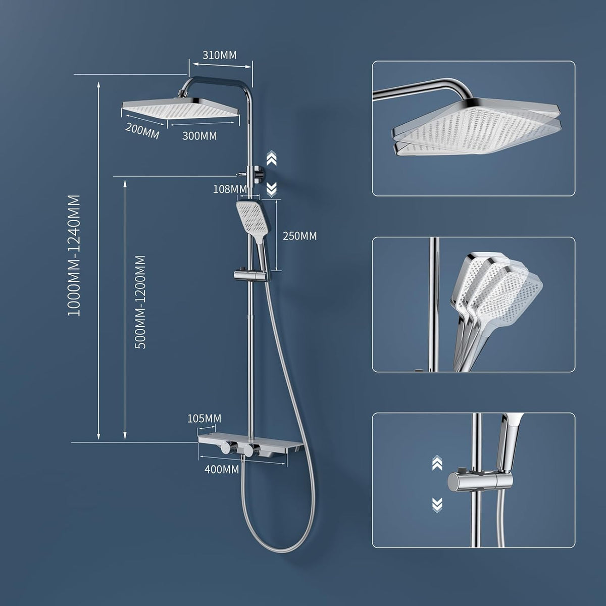 Thermostaat Douchesysteem – Regendouche – Handdouche – Watervalletuit – Douchepaneel – Glasplank 40x10 cm – Veilig 38°C Temperatuurstop – 12 inch 360° Draaibare Regendouchekop