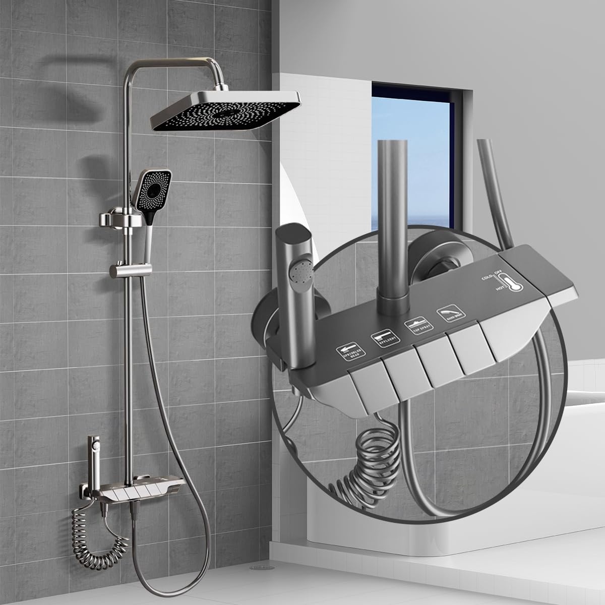 Douchesysteem Met Thermostaat – Regendouche – Douchekolom – Handdouche – Baduitloop – 31 x 20 cm Regendouche – Verstelbare Hoogte Tot 1,3 m