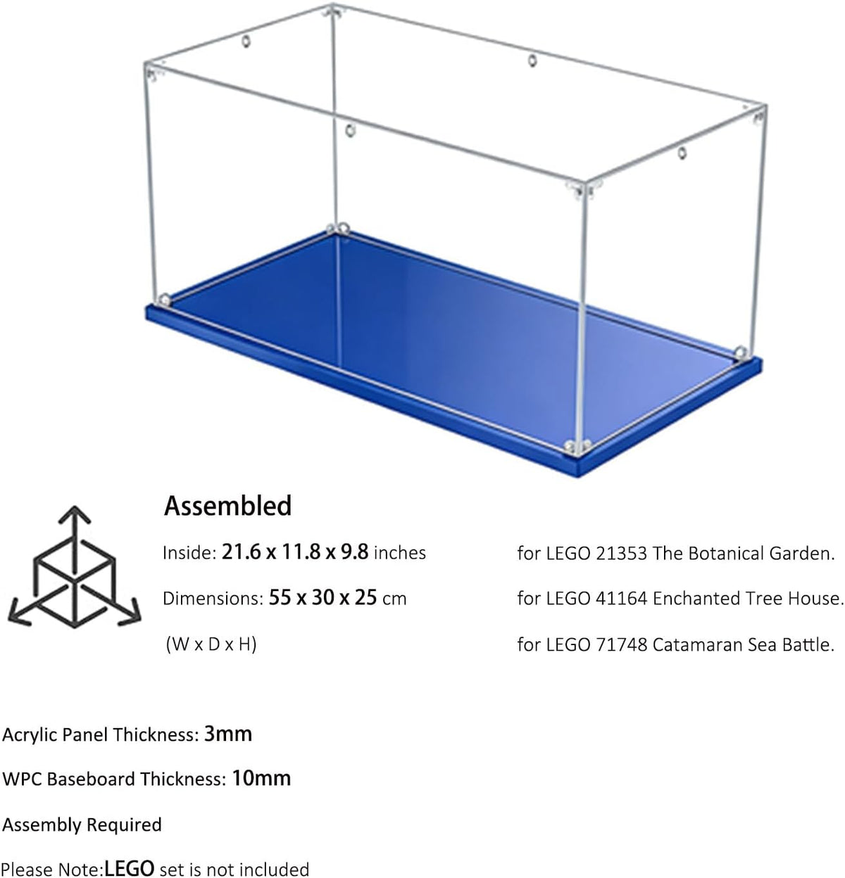 3mm Transparante vitrinekast van acryl, organizer,stofdichte bescherming,showcase met LEGO serie modellen 21353 41164 71748 voor actiefiguren，speelgoed。Blauw basis (1, 55x30x25cm)