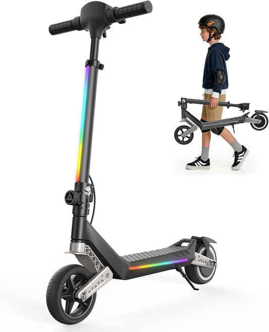 Elektrische step voor kinderen, K6,6-12 jaar, massieve banden 6,5 inch, 3 snelheden 5/10/16 km/u, dubbele vering voor/achter, 3 led-modi, Bluetooth, looptijd 9 km, opvouwbaar, verstelbaar, maximale