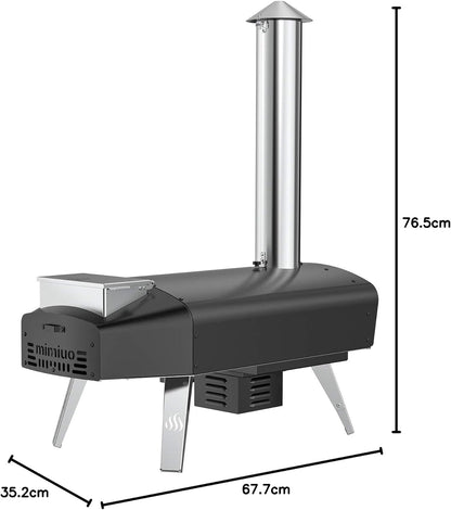 Mimiuo Pizzaoven met schep en pizzasteen, pelletkachel voor pizza met automatisch roterend grillsysteem, zwart (wereldwijd patent)
