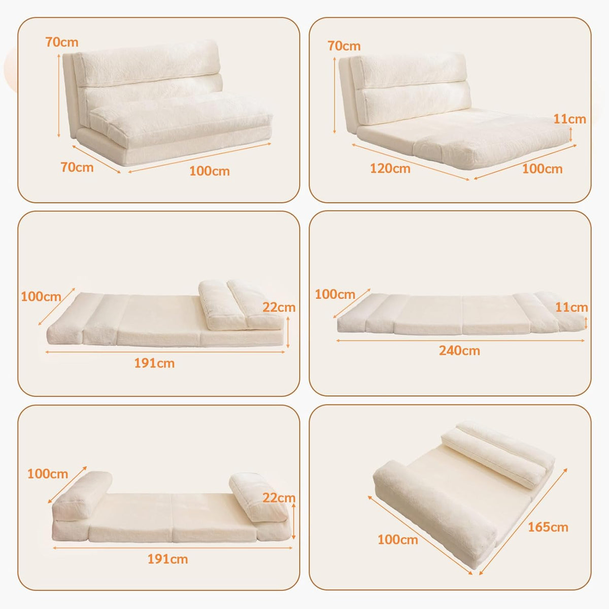 MAXYOYO Bean Bag Bed, Folding Sofa Bed, Floor Mattress for Adults, Extra Thick 6-Way Folding Floor Sofa, Floor Sofa for Bedroom and Living Room, Beige, 100 x 240 cm