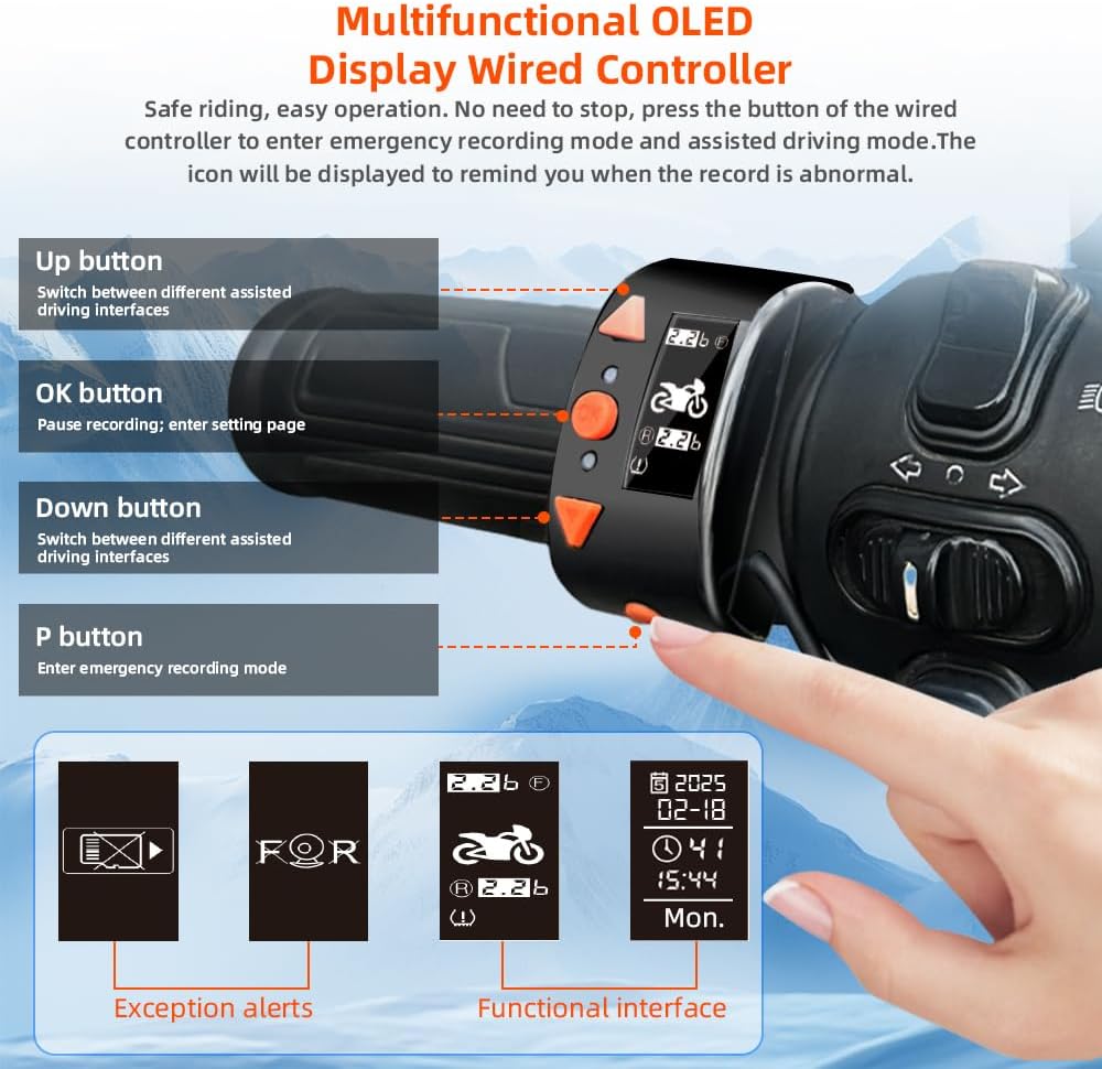 VSYSTO Motor-dashcam met 150° groothoek, dubbele lens voor en achter, 1080p motorcamera, waterdicht, met OLED-bekabelde controller, Starlight nachtzicht, TPMS, G-sensor, WDR