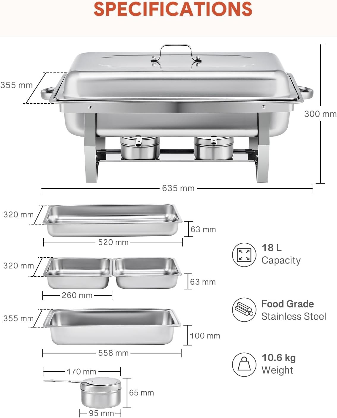 Wilprep Chafing dish set 9L RVS, 2 pakken met 2 grote GN 1/1 & 4 halve pannen GN 1/2 voor bruiloft, feest, banket, catering evenement