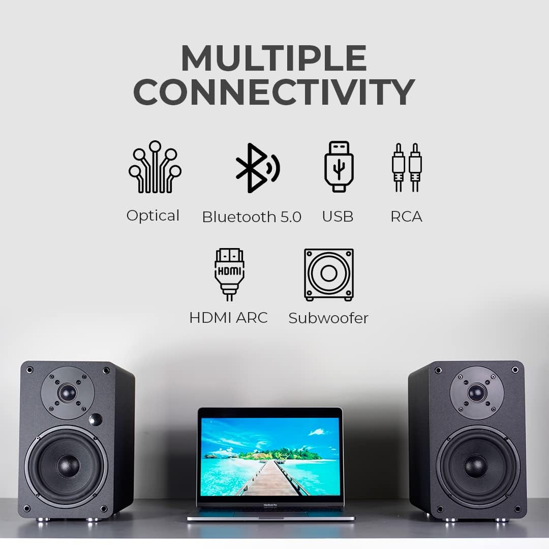 VULKKANO A5 ARC Luidspreker met 13,3 cm (5,25 inch), Bluetooth 5.0, HDMI ARC, optisch, RCA, USB, met subwoofer-uitgang, hifi-studio-monitoren met elegant design, zwart