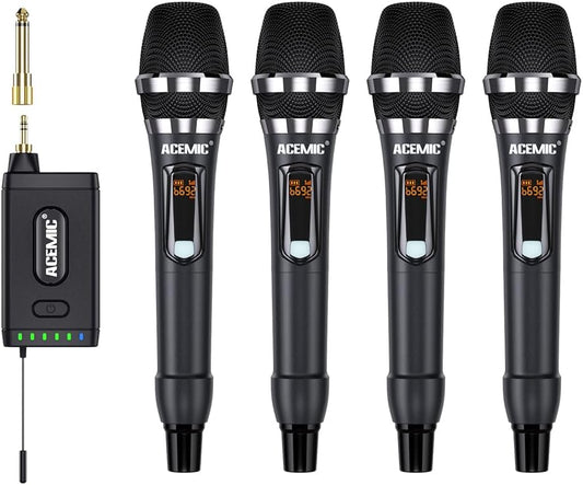 UHF Draadloos Microfoonsysteem – Draadloze Microfoon, Karaoke Microfoon, Handmicrofoon, Microfoonset – 4-Kanaals Set Met 4 Handmicrofoons – Bereik Tot 40 Meter, Oplaadbare Ontvanger
