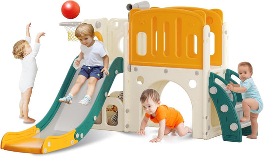 Kinderglijbaan met klimladder, basketbalkorf en tunnel, kunststof glijbaan voor binnen voor kinderen, Montessori-spelletjes voor speelplaats, groen