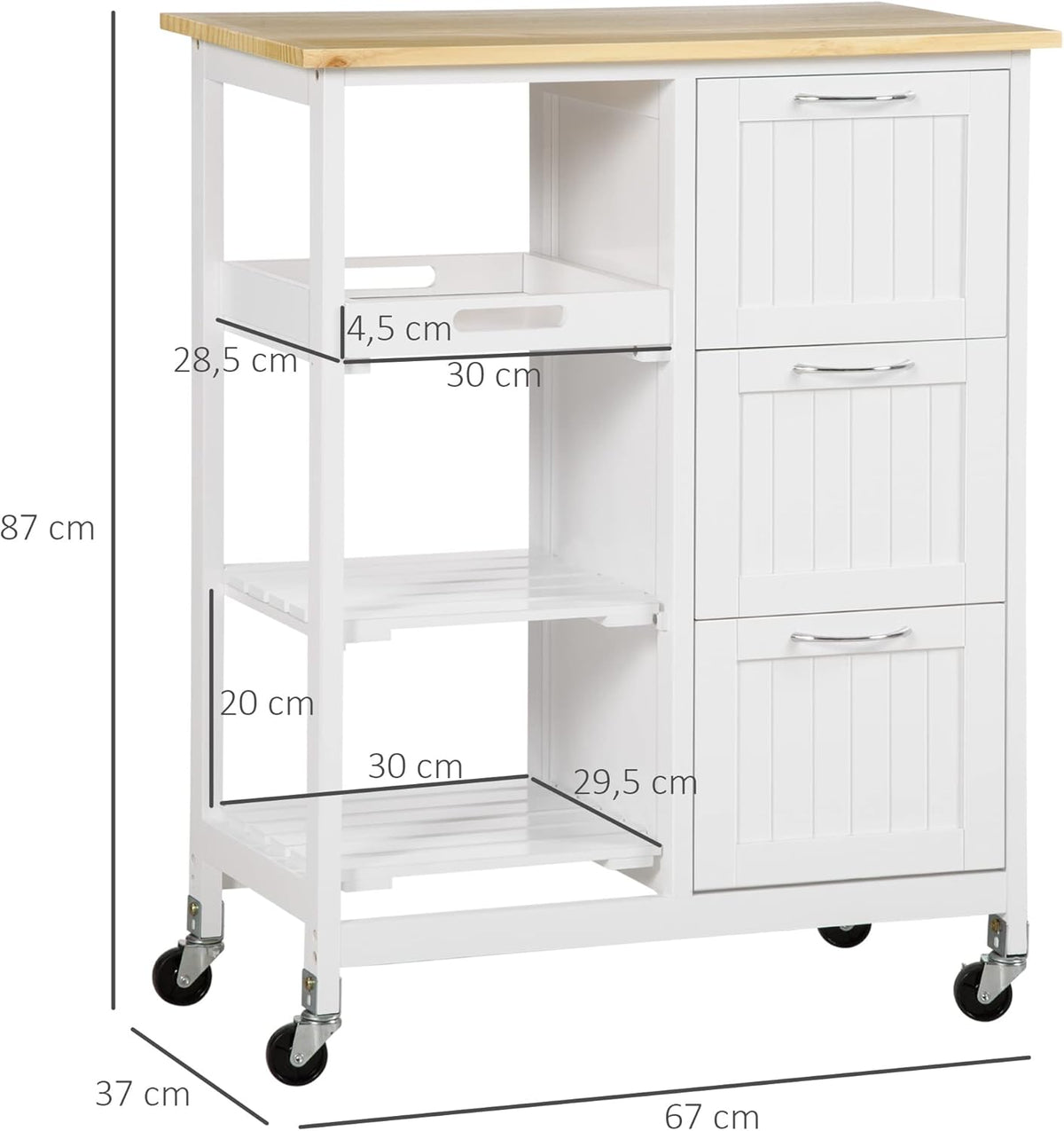 HOMCOM Kitchen Trolley with 3 Drawers, Kitchen Trolley with 3 Levels, Storage Trolley with Worktop, for Kitchen, White, 67 x 37 x 85 cm - QUORE