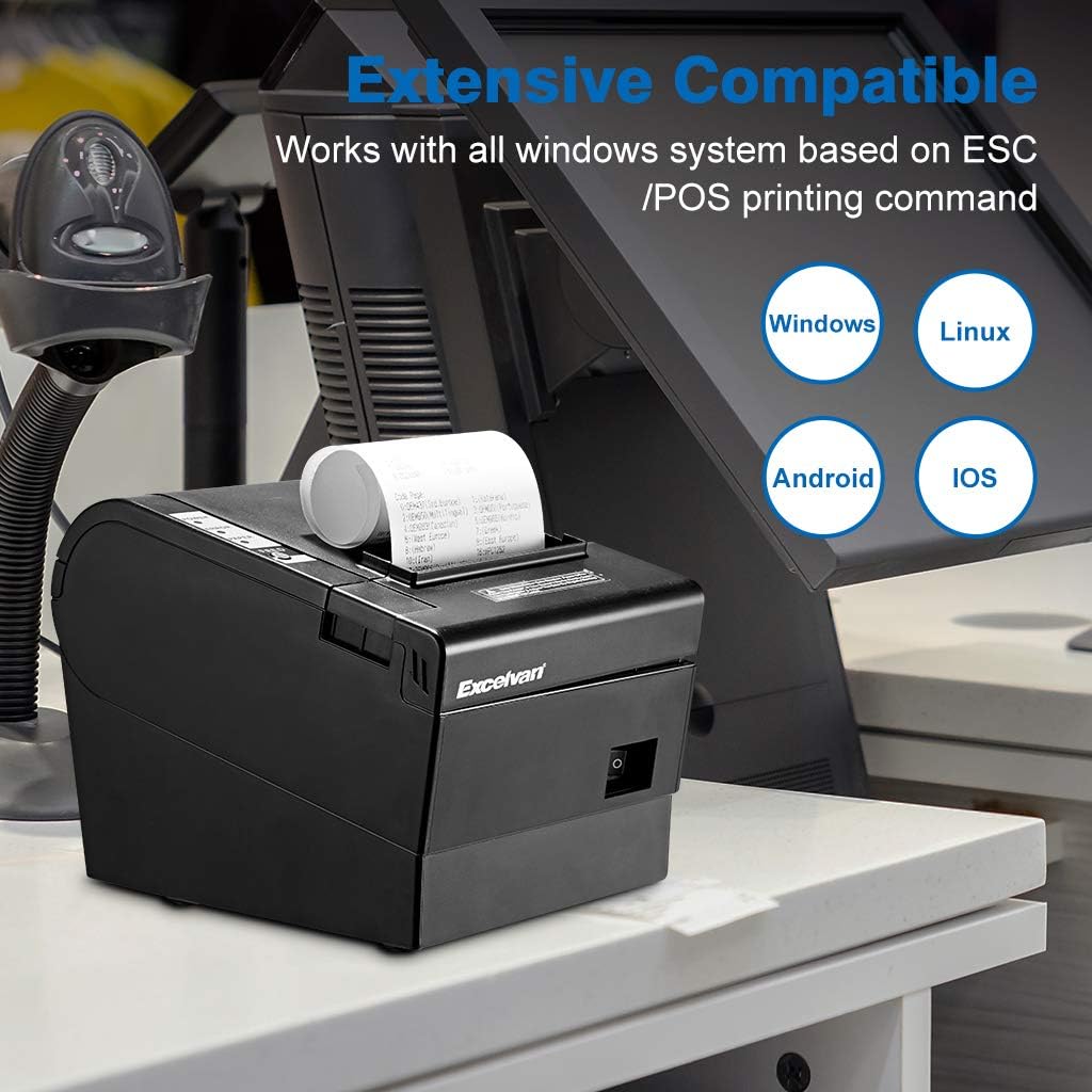 Excelvan Thermische printer, 80 mm, 300 mm/s, hoge snelheid, draagbaar, automatisch, met seriële poort, USB-poort, ladedeur, voor restaurant ESC/POS Shop