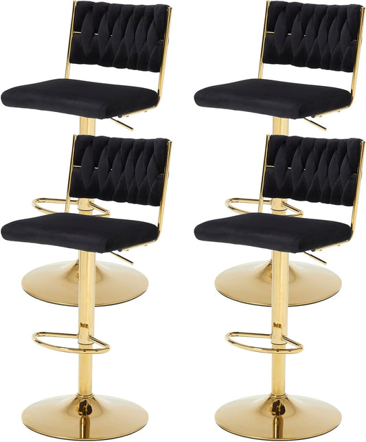 Velvet Barkrukken – Barstoelen – Krukken – Stoelen – Barkruk Sets – 4 Stuks – Verstelbare Zithoogte – 360° Draaibaar – Zwart Velvet – Met Rugleuning - QUORE