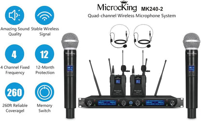 Draadloos microfoonsysteem – Draadloze microfoonset – UHF microfoonset – Karaoke microfoonset – 4-Kanaals Set Met 2 Handmicrofoons, 2 Bodypacks En 2 Headsets – Stabiele Vaste Frequentie – Metalen Behuizing