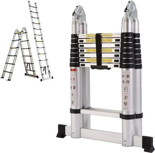 Nictemaw Multifunctionele ladder, 2-in-1 vouwladder, 5 m, telescopische ladder van aluminium, 150 kg belastbaarheid, 16 sporten