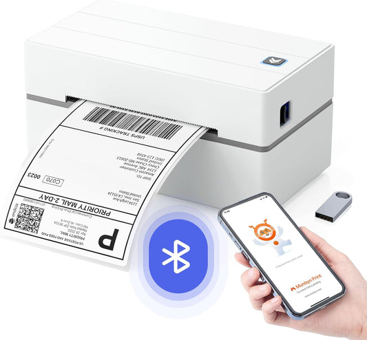 MUNBYN Labelprinter Bluetooth 4x6, Thermische Labelprinter, Ideaal voor kleine bedrijven en thuisgebruik, Compatibel met iOS, Android, Windows, Chromebook, DHL en UPS, Wit