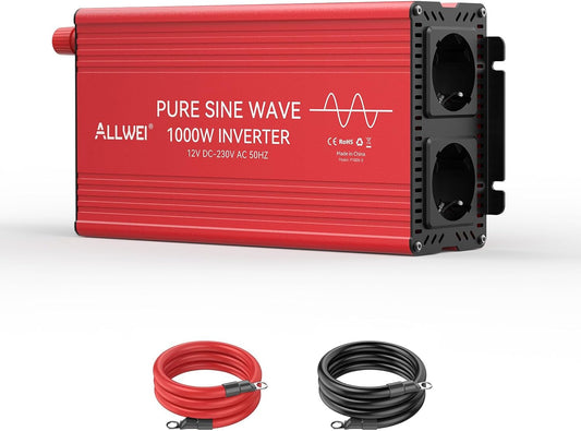 ALLWEI 1000 W zuivere sinus omvormer, 12 V naar 230 V, spanningsomvormer voor thuis, camper, vrachtwagen, netonafhankelijke zonne-installaties, omvormer, inverter 12 V 220 V, piekvermogen 2000 W - QUORE