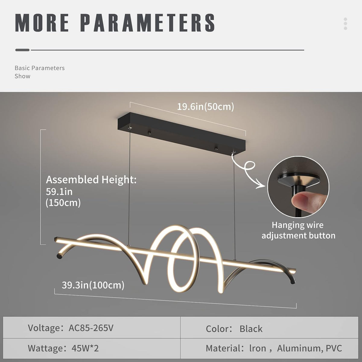 Mikeru Hanglamp voor eettafel, 100 cm, spiraalvormige eetkamerlamp, modern design, zwart, dimbaar, met afstandsbediening, led-hanglamp voor eetkamer, kantoor